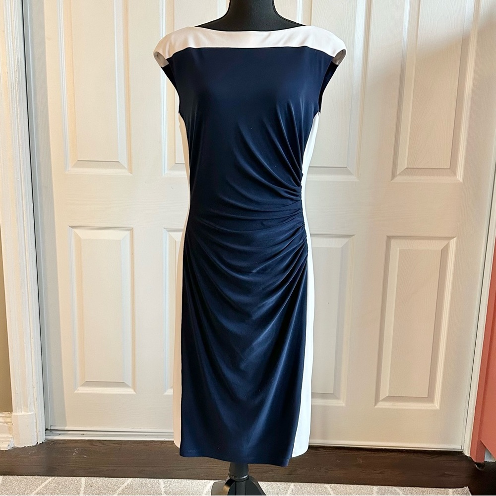 Lauren Ralph Lauren Navy and Ivory Ruched Waist Stretch Sleeveless Dress